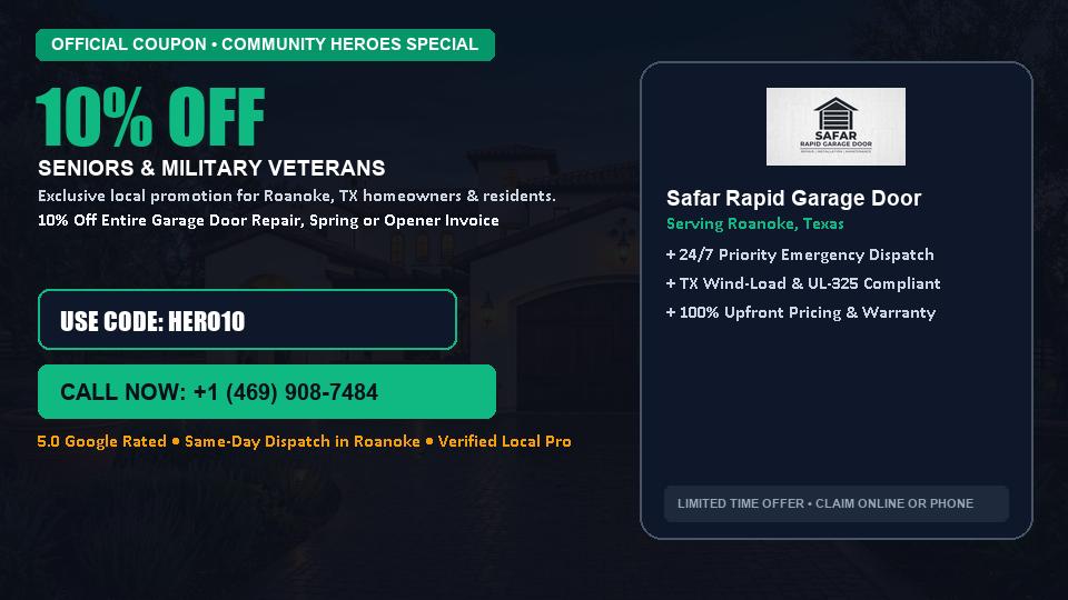 Safar Rapid Garage Door 10% OFF Seniors & Military Veterans in Roanoke, TX